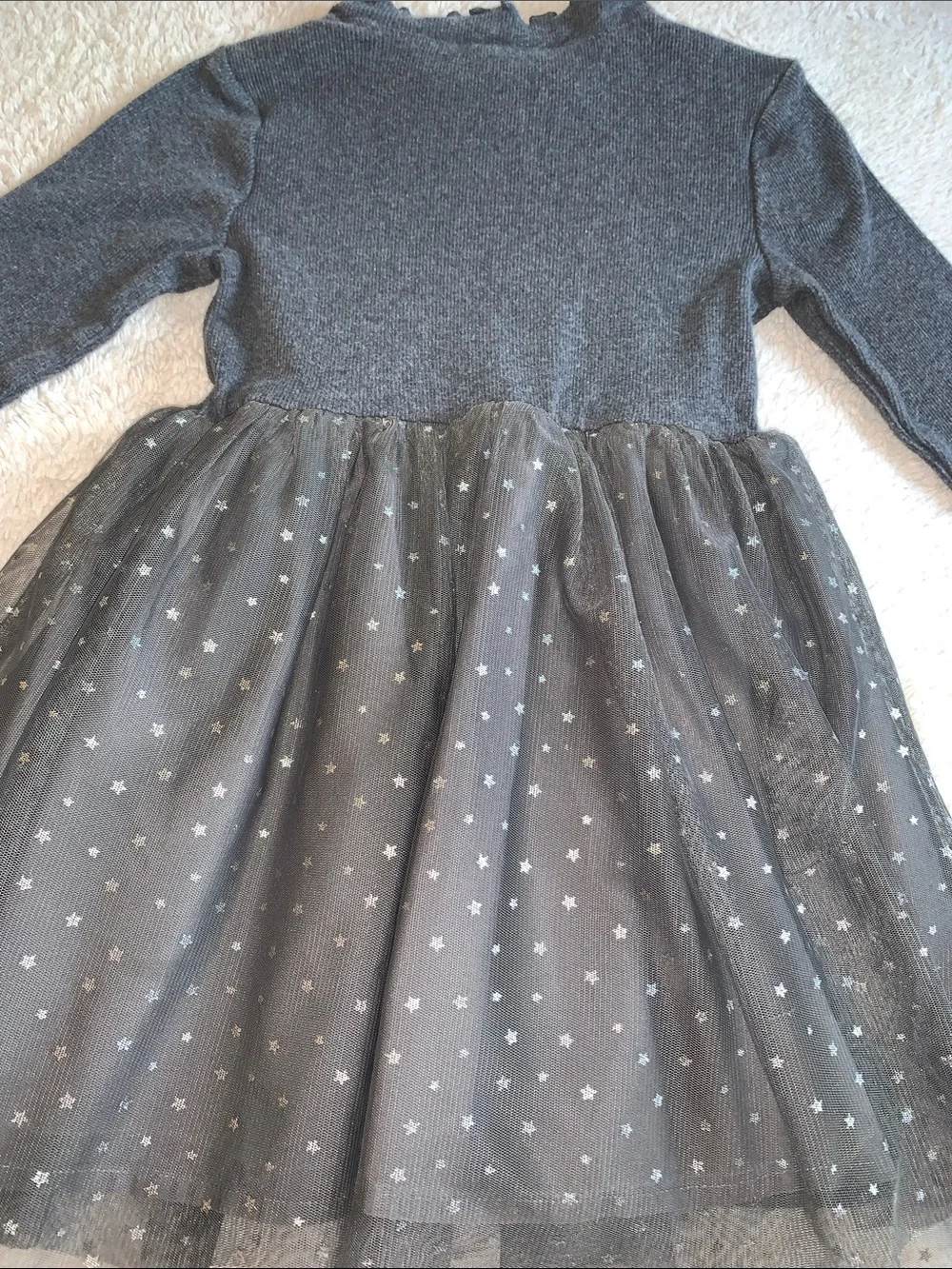 Gap Gray Tulle Stars Dress 3 Long Sleeves EUC